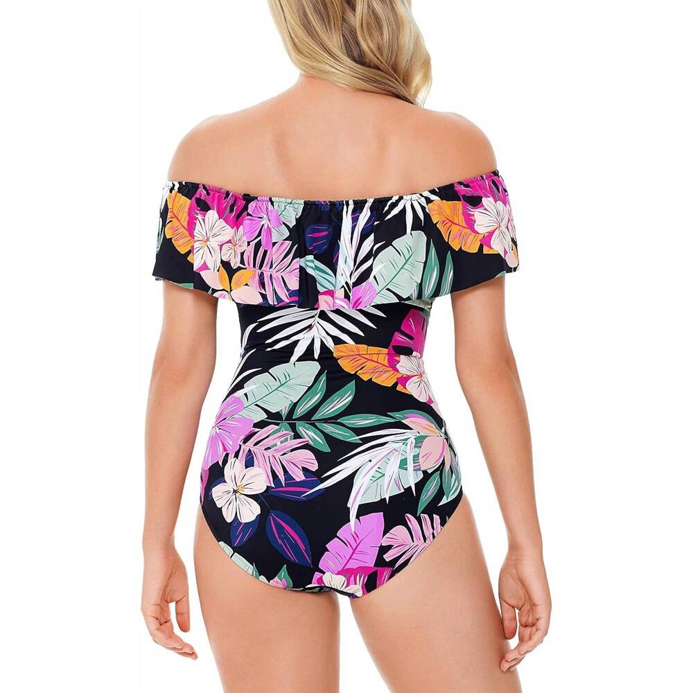 NEW SWIM SOLUTIONS deco printed off the shoulder ruffle tummy control one piece - Picture 2 of 2